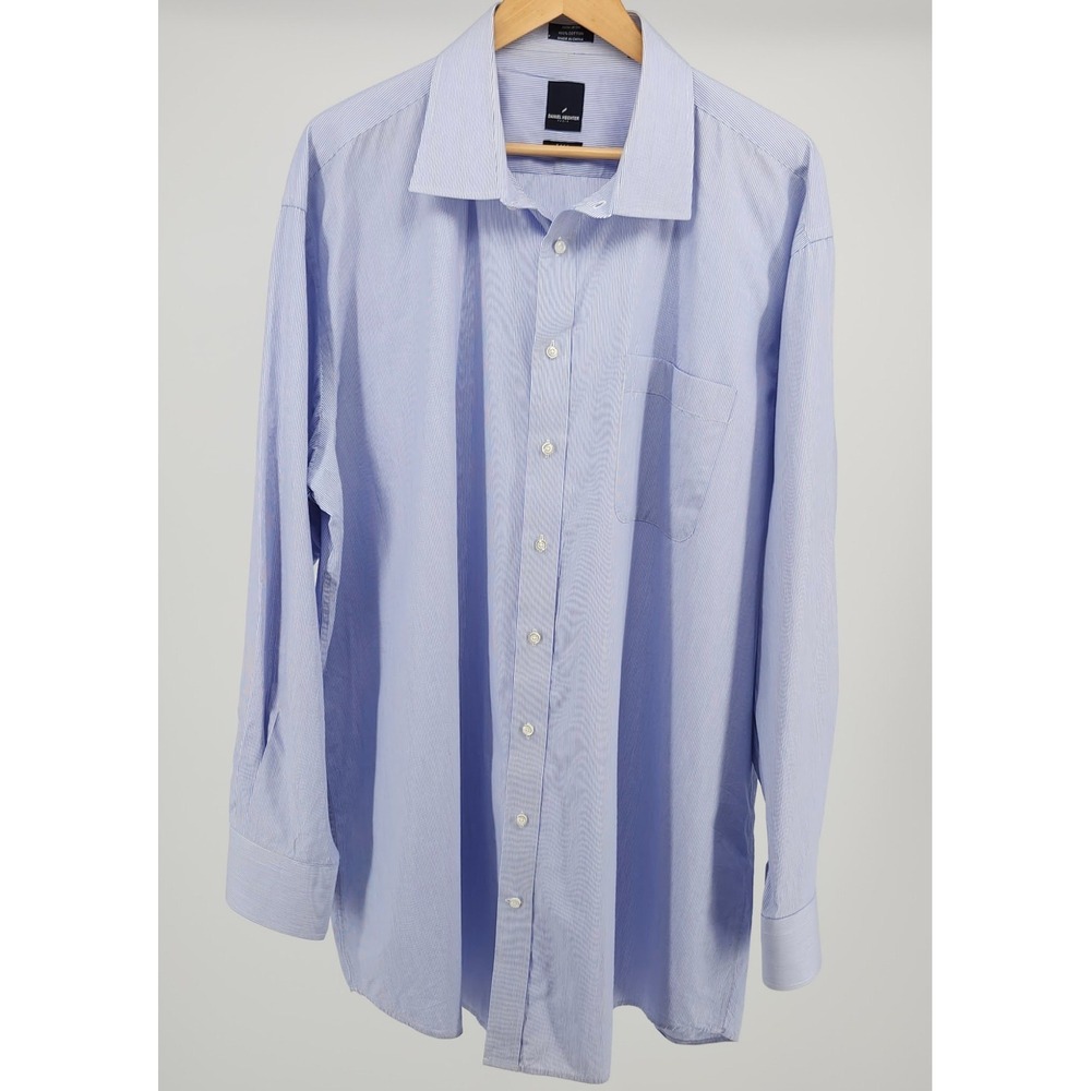 Daniel Hechter Paris Mens Blue Striped Non-Iron Dress Shirt Tall 18.5 37/38